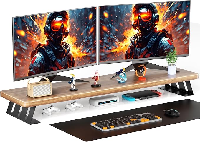 Dual Monitor Stand Riser, 39 Inch Large Wood Monitor Stands for 2 Monitors | Desk Monitor Riser for Computer/Laptop/Printer/TV, Stand Riser up to 220 lbs
