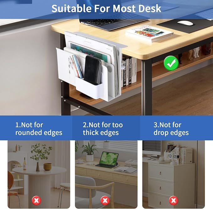 LUKETURE Desk Side Storage, 2 Tier Under Desk Laptop Mount with Pen Slot | Sturdy Steel Double Tier Strong, Magnetic Pen Holder, No Drill Clamp for Standing Desk Organizer, Fits 0.3-2.8" (White)