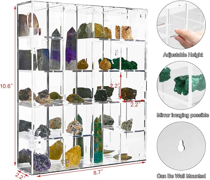 Adjustable Acrylic Rock Display Case Shadow Box with Shelves | Clear Storage Organizer for Mini Pop Figure, Collectibles, Mineral Crystal, Stones, Wall Mountable, with Mirrored & Lid