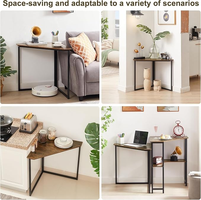 VECELO Corner Desk,Office Tables for Living Room for Small Space Triangle Computer Desk with Steel Frame Corner Shelves with Metal Frame Writing Desk for Workstation Classic Brown 33.1" 2 Set