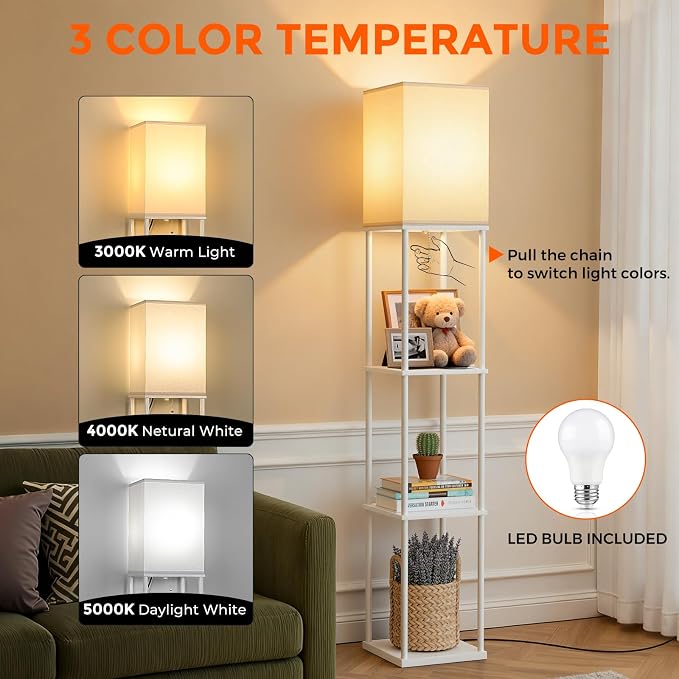 Floor Lamp with Shelves, 3-Tier Modern Square Bookshelf Standing Lamp White | 3 Color Temperature Bulb Included, Pull Chain Tall Lamp for Living Room Bedroom Corner Office Apartment Decor