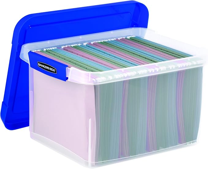 Bankers Box Heavy-Duty Plastic File Box, Letter/Legal | Protect letter/legal files in a heavy-duty plastic box with hanging rails built for durable, grab-and-go storage.