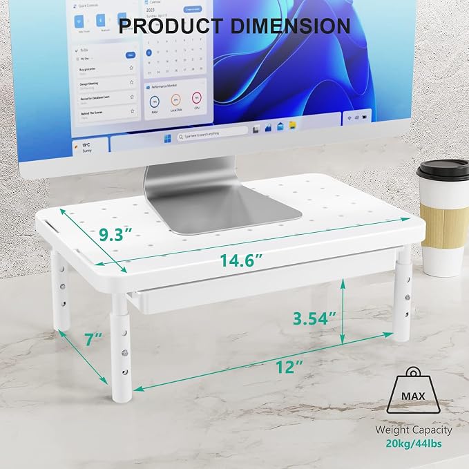 WALI Computer Monitor Stand with Storage, Monitor Riser 3 Height Adjustable | Laptop Riser with Airflow Vents, Desk Organizer for Computer, Printer, Notebook (PTT002-W), 1 Pack, White