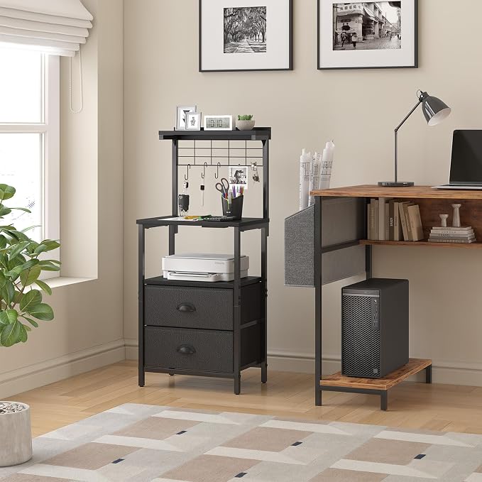 sthmec Bedside Tall Nightstands with Charging Station, LED Bedside Table for Bedroom - 2 PU Fabric Drawers, Hooks, USB/Type-C Ports & Open Bedside Shelves, Black