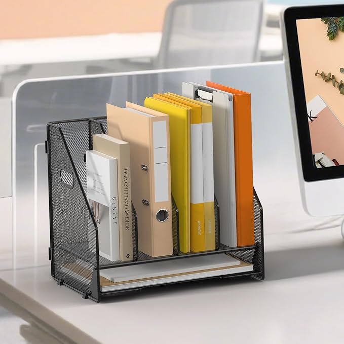 4 Vertical Mesh Desk Organizer with Paper Letter Tray, Black | Sorting racks with lower letter tray section. Multipurpose mesh desktop space saver for home office and school