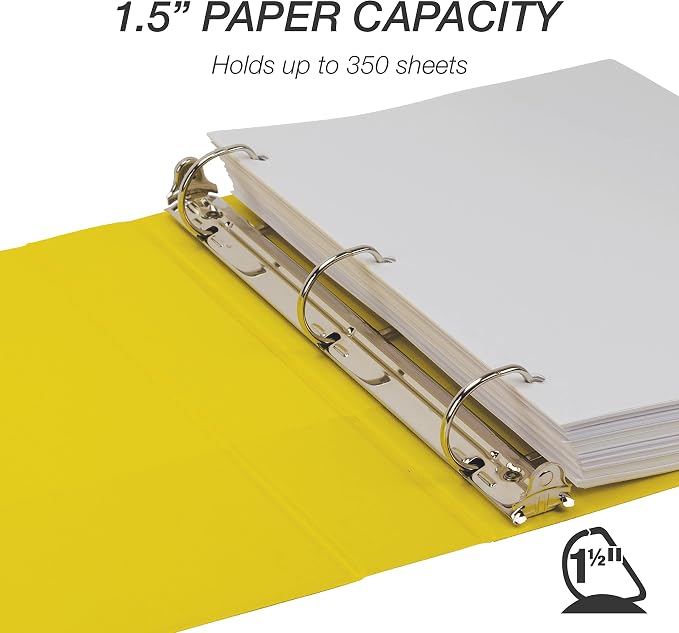 Samsill Durable 1.5 inch 3 Ring Binder, D Ring Binder, 100% Recycled Chipboard, Yellow, 4 Pack