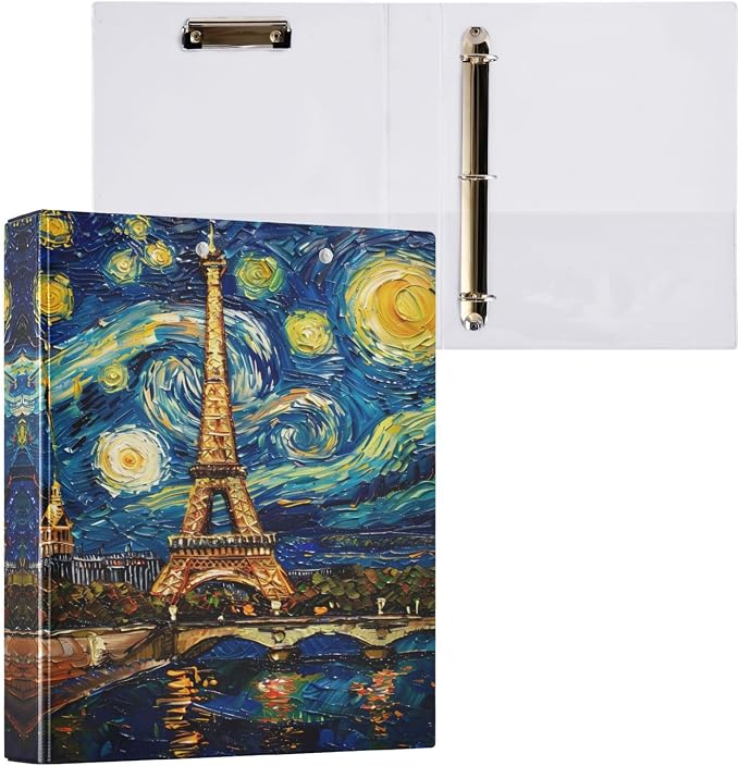 3 Ring Binder Paris Tower Skyline Night 1.5" Round Ring Binders View Binder with 200 Sheet for Kids School Supplies Women Men Office, 1 Pack