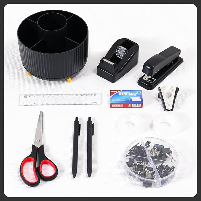 Gawsey Black Desk Organizers and Accessories with Desk Organizer 360° Rotating Pen Holder and Office Supplies, Cute Stationery Supplies Set