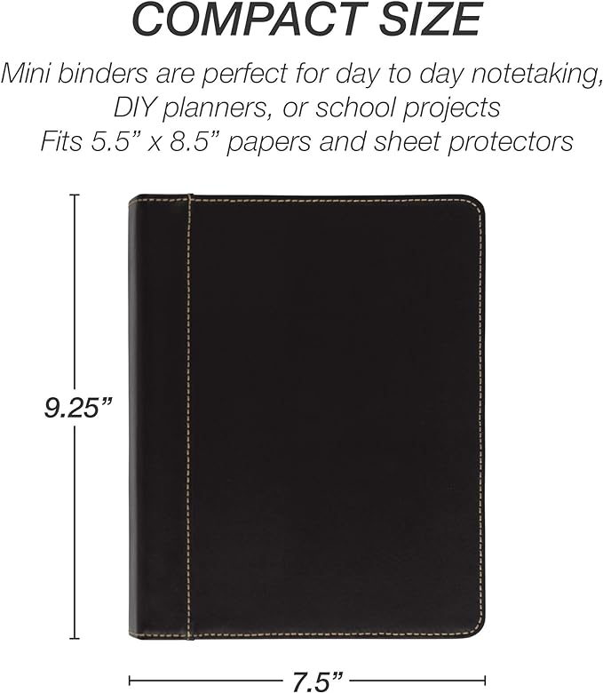 Samsill 1" Junior Size 3 Ring Binder, Leather, Black with Contrast Stitching, Holds 8.5 x 5.5 Paper, 3 Rings, Notebook Binder, Portfolio Organizer, Planner, Journal