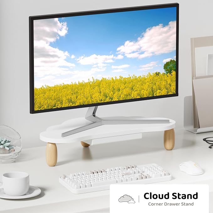 AFOOYO Monitor Stand Riser,Cloud-Shaped Sturdy Wood 16.5In Computer Monitor Riser Wirh Drawer, Multi-Purpose Desktop Organizer Riser for Computer,Laptop,Printer,TV,White