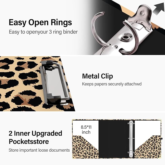 3 Ring Binder 3 Inch Ring, Three Ring Binders for Letter Size 11" x 8.5" with 6-Tab Dividers, 2 Pockets, Binder with Clip for School and Office Supplies-Cheetah Spots