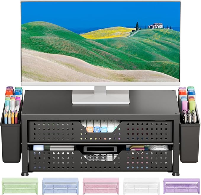 Desk Organizer and Accessories, 2-Tier Computer Monitor Stand Riser with 2 Drawer and 2 Pen Holders, Laptop Stand, Office Desk Accessories for Office Supplies, Black Plastic