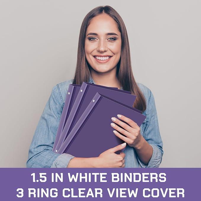 Fulmoon 12 Pcs Economy View 3 Ring Plastic Binder 12.2 x 9.8 Inch Plastic Round Ring Binders with Pockets Notebinder for Meetings for Home, Office, School(Purple, 1.5 Inch)
