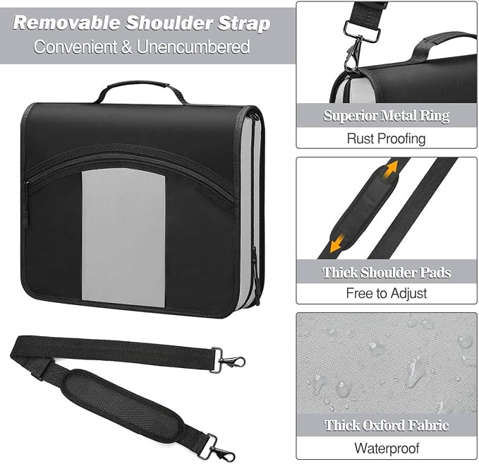 MoKo Zipper Binder with Strap, 3 Inch 3 O Ring, 600 Sheets, Black & Gray | Water-repellent nylon with 2 folders, 2 mesh pockets and a outer pockets, reinforced handle and adjustable shoulder strap.