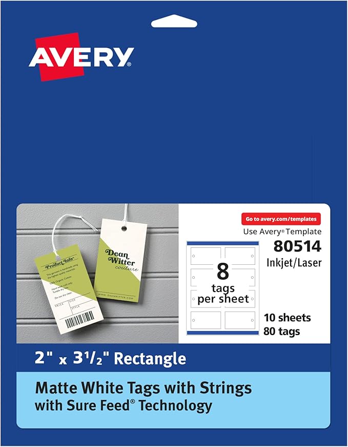 Avery Rectangle Tags, Sure Feed Technology, 2" x 3.5", Matte White, Strings Included, 80 Total, Print-to-the-Edge, Laser/Inkjet Printable (80514)