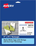 Avery Rectangle Tags, Sure Feed Technology, 2" x 3.5", Matte White, Strings Included, 80 Total, Print-to-the-Edge, Laser/Inkjet Printable (80514)