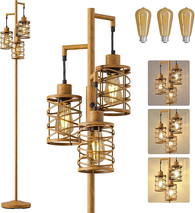 70" Industrial Floor Lamp, Stepless Dimmable Standing Lamp with 3 Bulbs, Farmhouse Corner Standing Tree Lamp for Living Room, Tall Lamps for Bedroom, Office, Study Room, Dining Room, Wood Grain