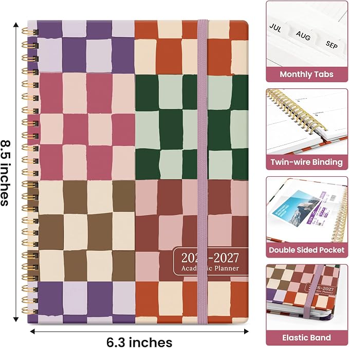 Taja Planner 2026-2027, Jul 2026-Jun 2027 Monthly & Weekly Calendar Planner | 6.3" x 8.5", Hardcover Academic Calendar, Teacher Student Agenda Book with Tabs, School Office Supplies, Checkered