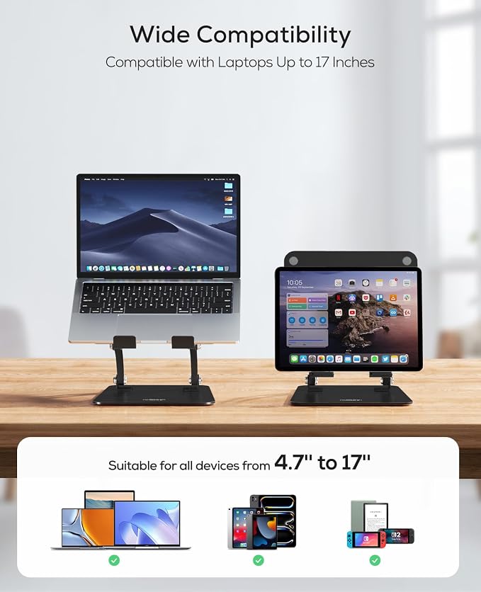 Nulaxy Fully Adjustable Laptop Stand for Desk, Dual Foldable Computer Riser with Heat-Vent, Ergonomic Notebook Holder Portable Office Accessories Compatible with Most Laptops, Black