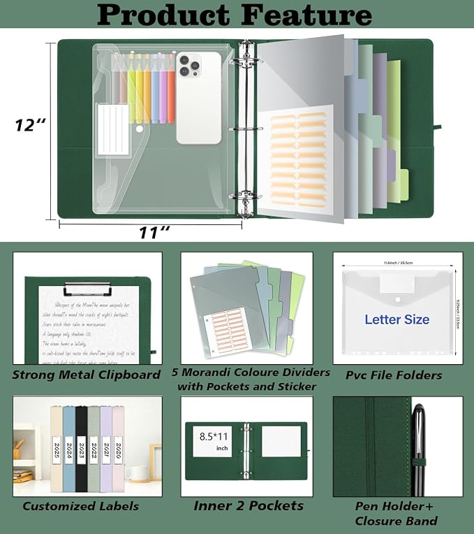 3 Ring Binder 2 Inch, BVSSX Three Ring Binders Organizer with Clipboard, Plastic Folder, 5-Tabs Pocket Dividers with Sticker Labels, Pen Loop, Elastic Strap (Green, Letter Size)