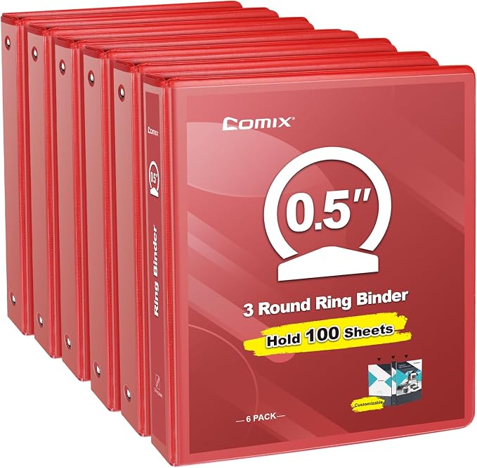 COMIX Sturdy 0.5 Inch 3 Ring Binder with Clear View Cover | 0.5"Heavy Duty Round Ring,PVC-Free Board,Holds 100 Letter Sheets,Wholesale for Offices & Classrooms,6 Pack (Red)