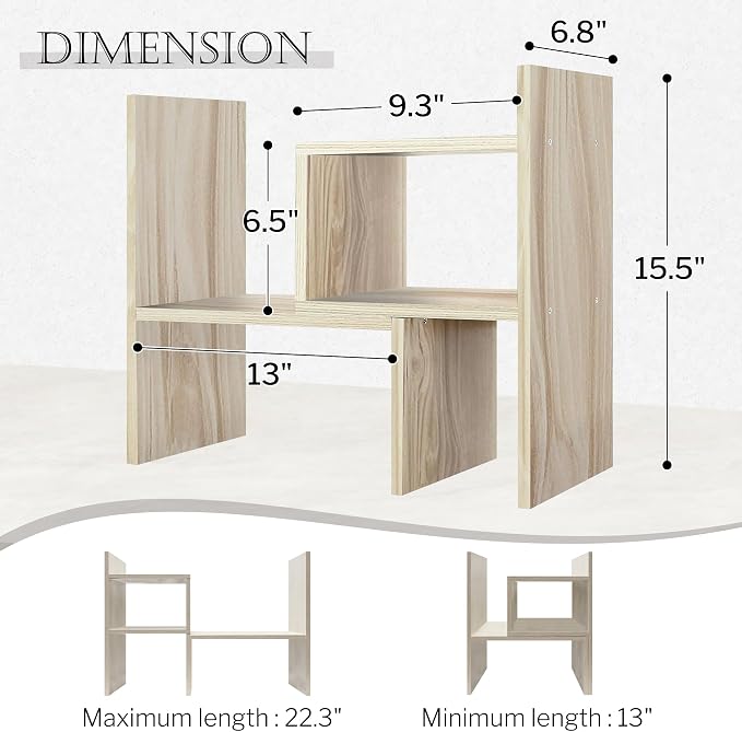 Jerry & Maggie Desktop Organizer Office Storage Rack Adjustable Wood Display Shelf, White, 5 Units, 16"L x 15.8"H x 6.8"W | Wooden Desk Organizer, Cute Dorm & Cubicle Decor. Stores Makeup & Mini Plants, Space-Saving Storage for Small College Rooms