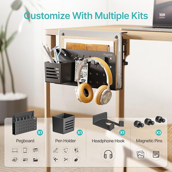 Desk Side Storage Organizer, Fits Flat Edge 0.4" to 2.2", Black | No Drill Under Desk Laptop Holder, Clamp on Desks Shelf with Pegboard Accessories, Hanging Laptop Mount