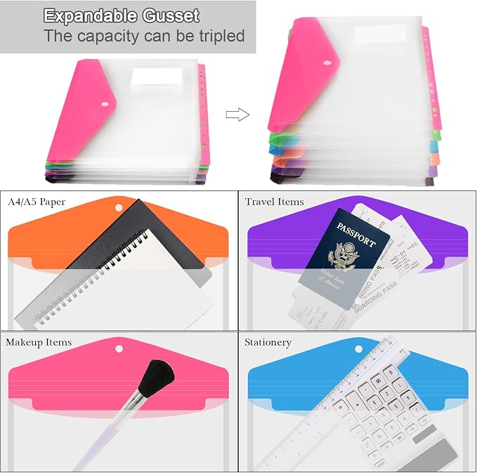 12 Pack Plastic Envelopes Binder Pocket 11 Holes Expandable Binder Folders for 2/3/4 Ring Document Pouch with Snap Button & Label Loose-Leaf Transparent for School Home Office (Side-Opening)