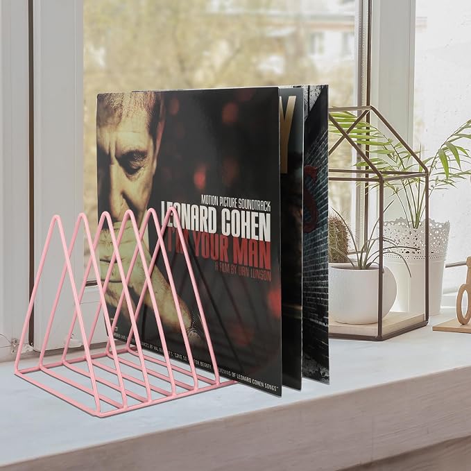 Vinyl Record Holder Storage, 9 Slot Metal Magazine Book Album Display Rack, Stylish Triangle Desktop File Sorter Organizer for Home Office, Pink