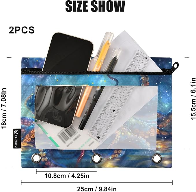 Octopus Galaxy Pencil Pouch for 3 Ring Binder, 2 Pack Waterproof Pencil Bags Clear Window Zipper School Office Supplies