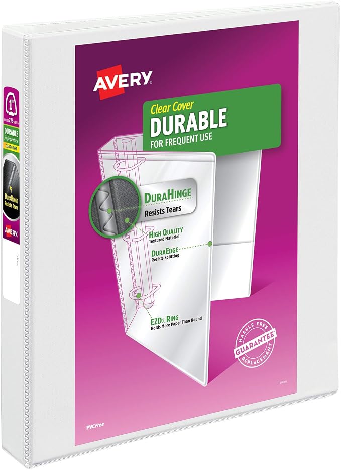 Avery Durable View 3 Ring Binder, 1 Inch EZD Rings, 1 White Binder (09301) | For Daily School and Office Use, DuraHinge Tear-Resistant Spine, DuraEdge Split-Resistant Sides, Interior Storage Pockets