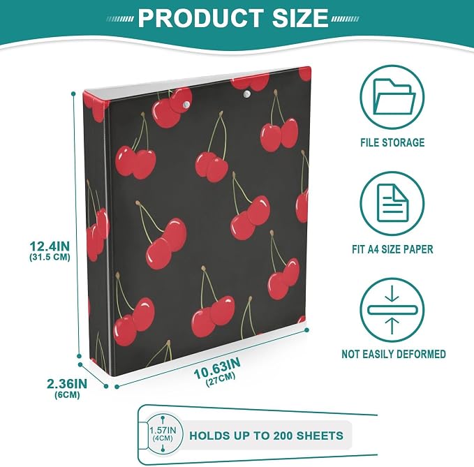 Caikeny 3 Ring Binder Red Cherry Black 1.5 Inch Binders Round Ring Clipboard with 2 Pockets for Office Supplies