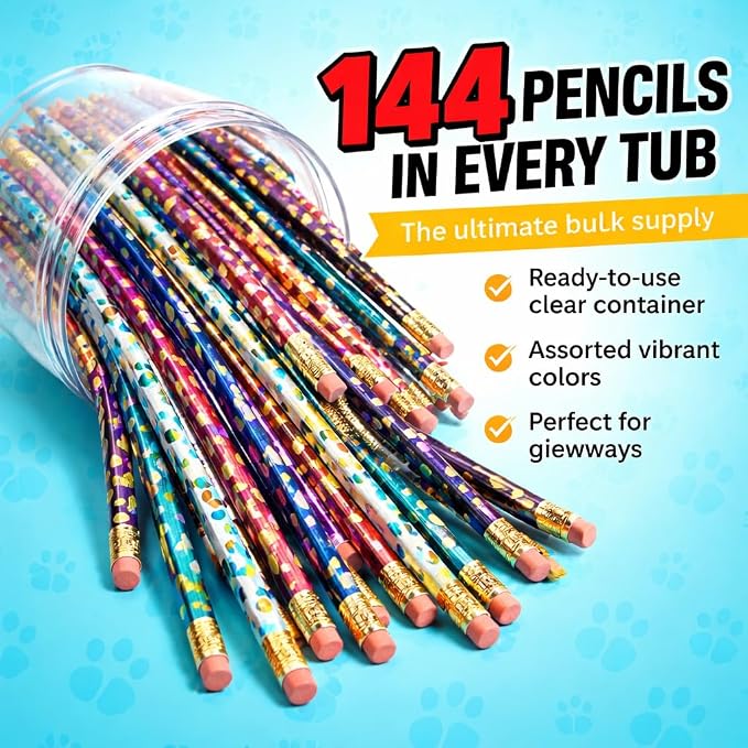 Anderson's Paw Print Pencil Tub, Bulk #2 Pencils for Animal Shelters, School Stores & Pet Events, Fun Assorted Colors for Teachers, Vets & Community Giveaways, 144 Pack