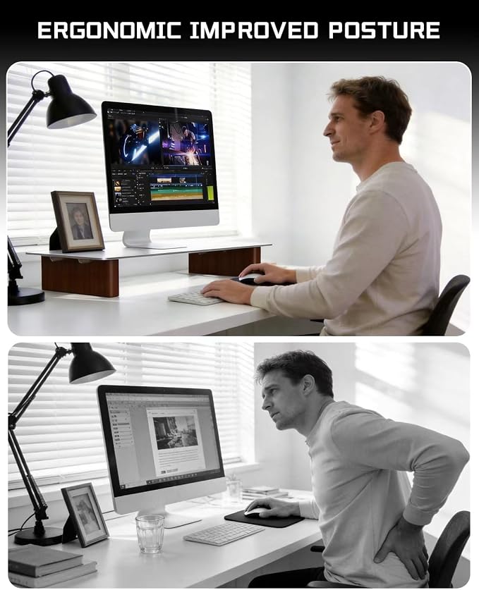 Aluminum Monitor Stand Riser, Ergonomic Desktop Shelf with Wooden Legs - 23.6” Wide Heavy Duty Computer Stand for Home Office, Universal Desktop Monitor Riser for PC, iMac, MacBook, Laptop