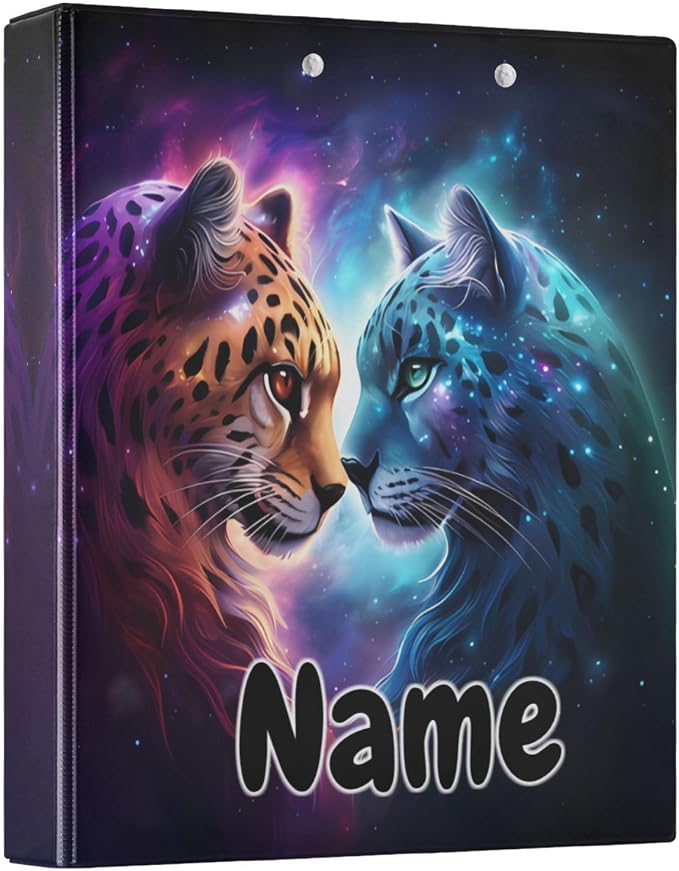 Custom 3 Ring Binder Cheetah Tiger Galaxy 1.5" Round Ring Binders Personalized Name View Binder with 200 Sheet for Kids School Supplies Women Men Office, 1 Pack