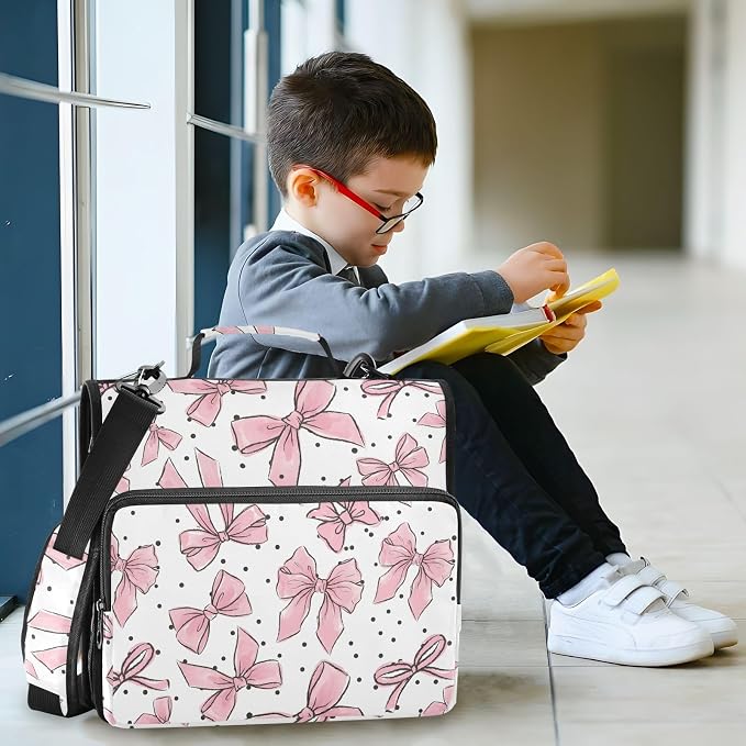 Pink Bows Dots 3 Ring Binder Bag 1.5 inch Binder Organizer with Zipper Shoulder Strap 500 Sheet Documents Storage for School Office