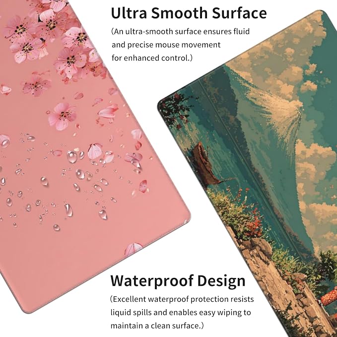 31.5x15.7 Inch Cherry Blossom Japanese Mouse Pad, Large Extended Desk Mat | Pink Double-Sided Design with Stitched Edges, Waterproof Non-Slip Keyboard Mouse Pad for Gaming, Office & Laptop Setup