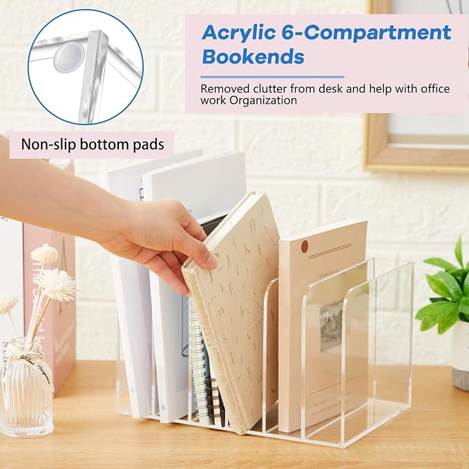 Suzile Clear Acrylic Magazine File Holder with Vertical Compartments Desk Organizer Book Rack for Desk Sorter Paper Folder Office Accessories (Classic,10.5 x 6.9 x 6.3 Inch)