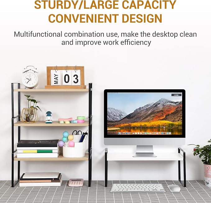YGYQZ Desk Shelf Organizer for Top of Desk, 3-Tier Desktop Bookshelf, Black & Wood