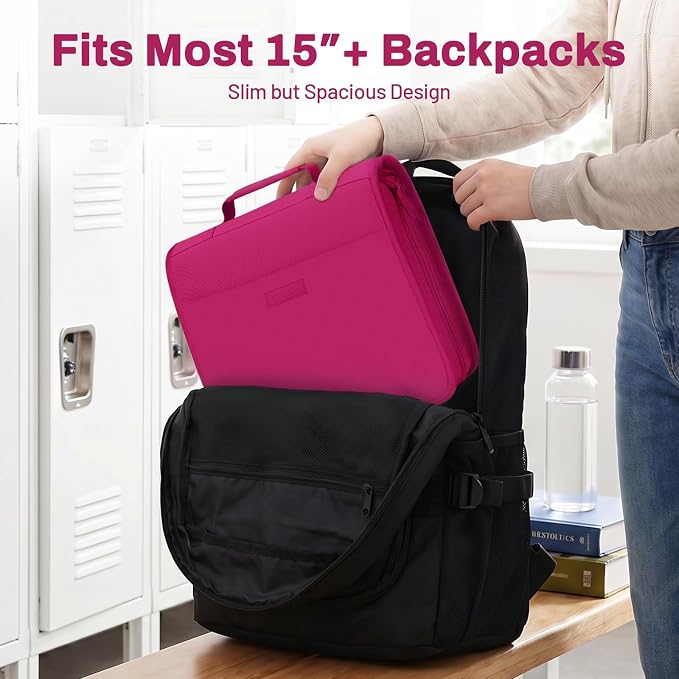 SUNEE Zipper Binder with Handle, 1.5 Inch O-Ring, 325 Pages Capacity, with 5-Tab Expanding File Folder for Classified Storage, Small Size Lightweight Zipper Bag for Middle School Students, Berry Pink