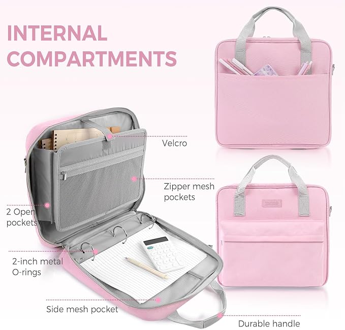 Zipper Binder 3 Ring with Shoulder Strap and Handle, Pink 2 Inch 3 Ring Binder with Zipper, Extra Pockets Holds 500 Sheets, Waterproof Trapper Keeper for Middle School & Work Organizer