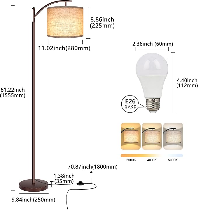 Floor Lamp for Living Room, LED Standing Lamp Tall Industrial Floor Lamp Reading for Bedroom, Office (9W LED Bulb, Beige Lampshade Included) -Oil-Rubbed Bronze