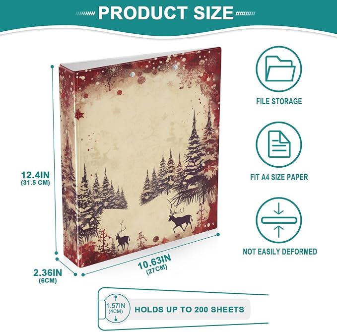 3 Ring Binder Retro Christmas Tree 1.5 inch Binders Three Ring Binders with Clipboard Fit 8.5'' x 11'' Paper 3 Interior PVC Clear Pockets for Office Supplies