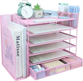 Desk Organizers and Accessories with File Holder, 6-Tier Paper Letter Tray Organiser with Drawer and 2 Pen Holder, Mesh Desktop Document Organizer for Office Supplies, Workspace - Pink