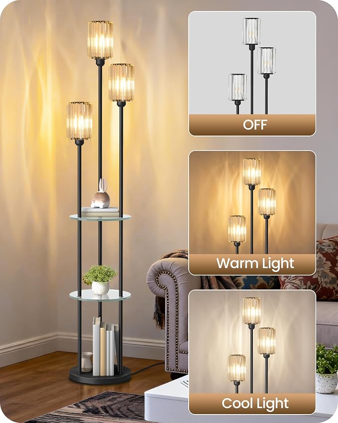 Black Floor Lamp with Shelves, Modern Floor Lamp with 3 Crystal Shades and Foot Switch, 3-Light Standing Lamp, for Living Room, Bedroom, Study, Office, Black B53LD05