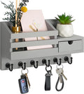 FifthQuarter Key and Mail Holder for Wall, Mail Organizer Wall Mount with 6 Hooks and Storage Drawer, Easy Installation Key Rack for Entryway and Home Decor (A-Grey)