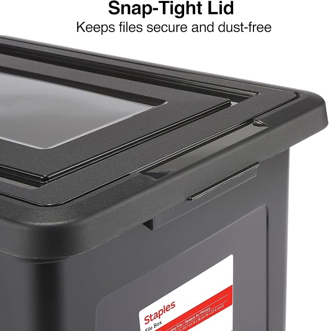 Staples Hanging File Folder Box, Storage Bin Organizer, Snap Lid | Black bin keeps letter and legal size documents organized and accessible.