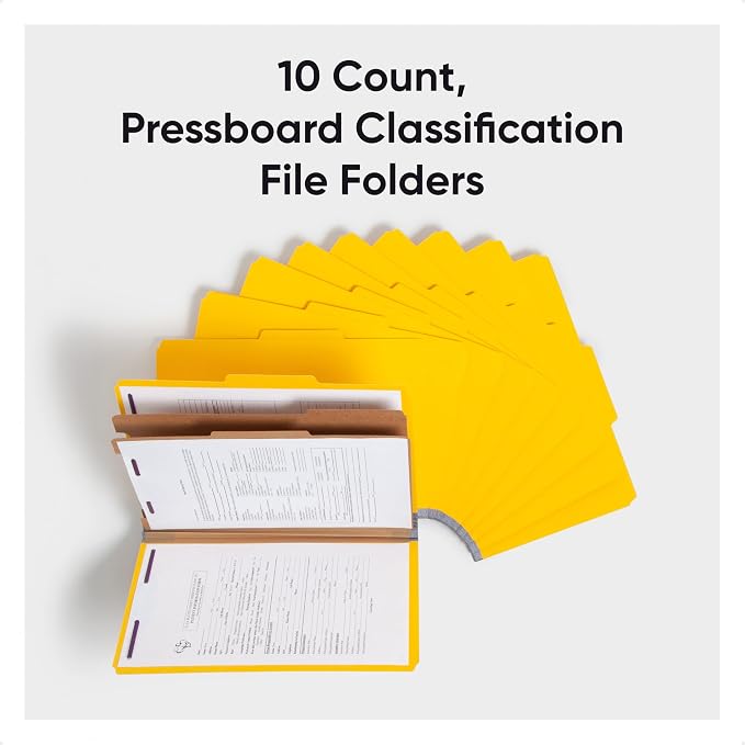 Smead Pressboard Legal Size File Folders with SafeSHIELD Fasteners, 2 Dividers, 2" Expansion, Office Folders, Paper Holder, Yellow, 10 per Box (19034)