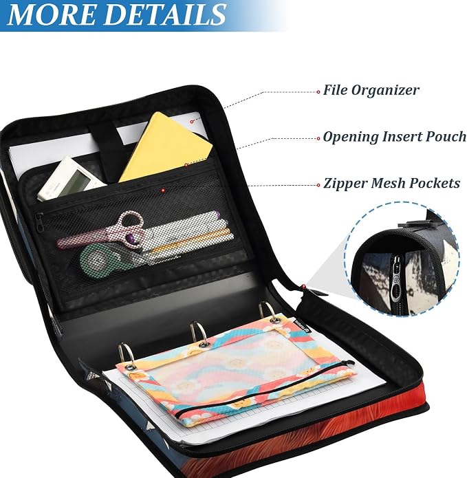 Cardinalbird American Flag Daisy Zipper Binder Bag 3 Ring Binder with Shoulder Strap Zip Up 500 Sheets Capacity Multi Pockets for School Office Supplies