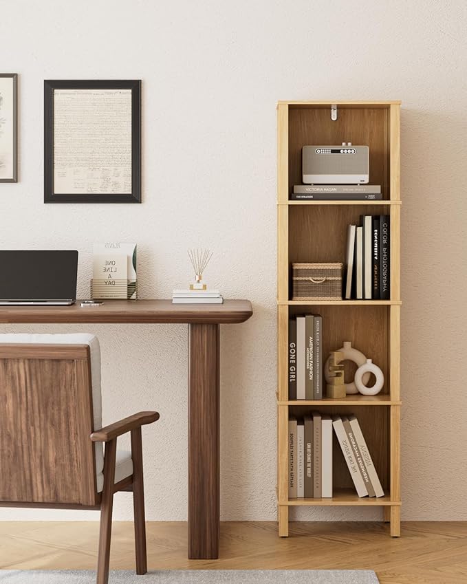 Book Shelf, Modern 4-Tier Bookcase, Open Storage Bookshelf, 11 × 14.2 × 50.4 Inches, Small Narrow Bookshelves for Living Room, Home Office, Bedroom, Natural